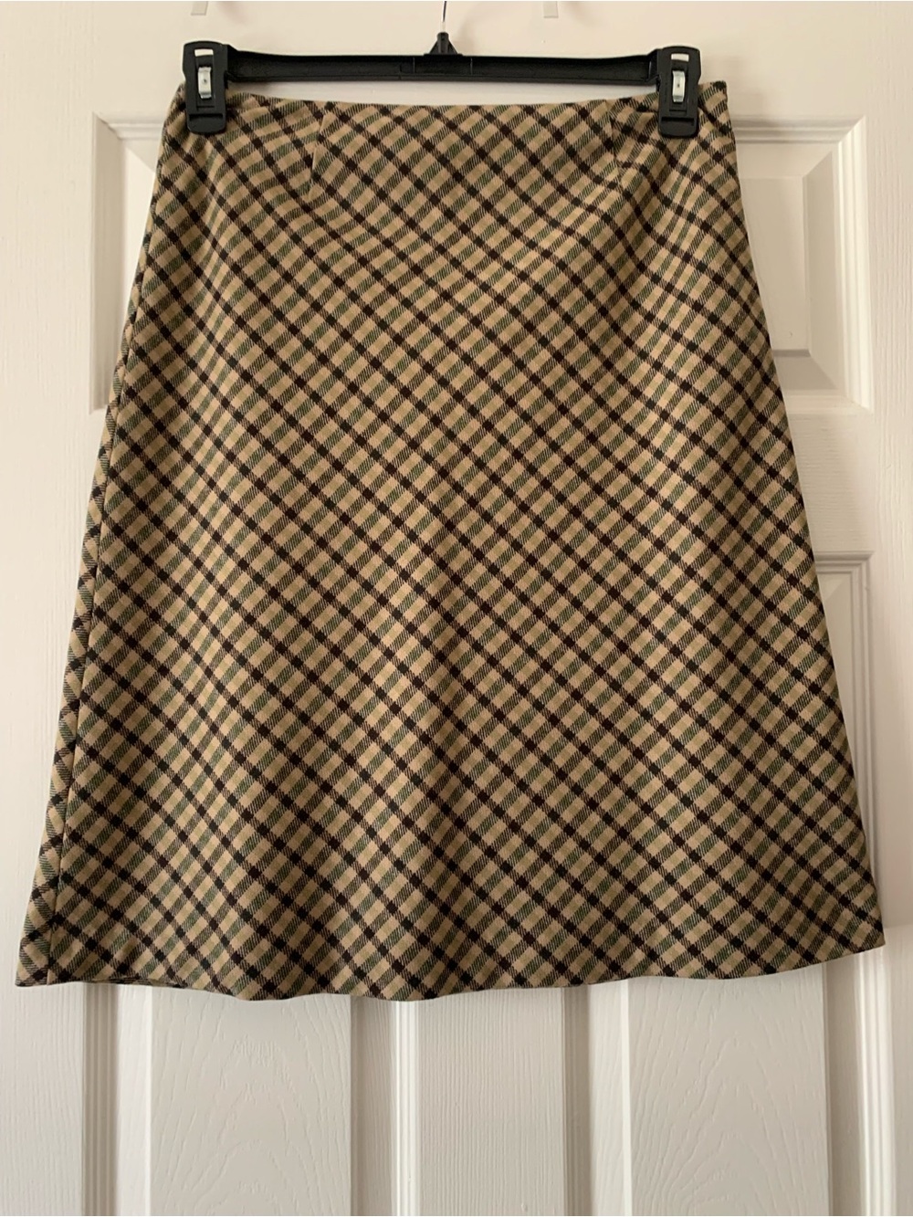 Petite Sophisticate Tan and Black Plaid A-Line Skirt 72% Wool